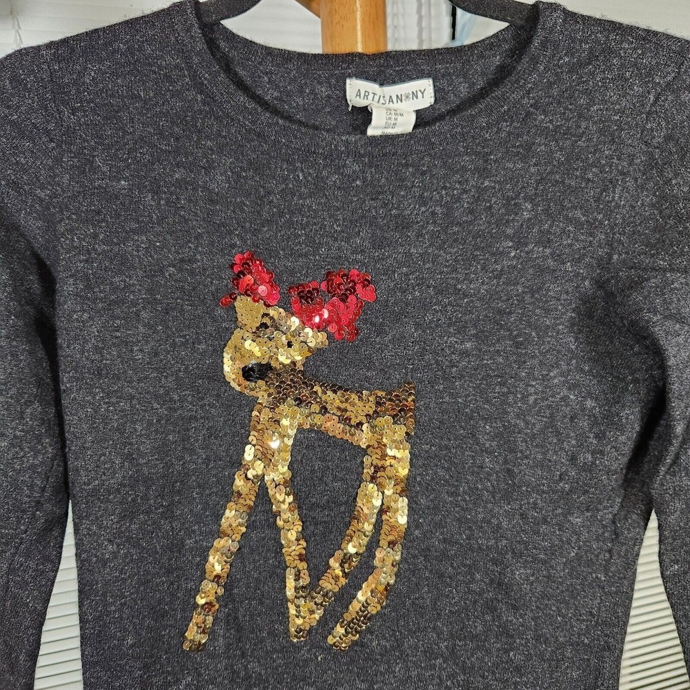 Artisan NY $79 Medium Gray Lambswool Cashmere Sequin Reindeer Kids Sweater